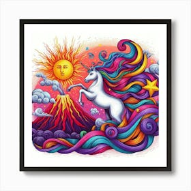 A Unicorn With Colorful Streaks Of Ribbon With Purple Feathers Sun And Moon And Star In A Volcano Of Red Van Gogh Style 4 Art Print