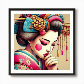 Shy Geisha Portrait Color Illustration Art Print