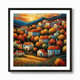 Greek Village At Sunset Art Print