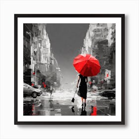 Woman Holding A red Umbrella In The Rain Art Print