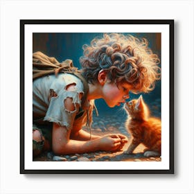 Boy Kissing A Kitten 1 Art Print