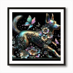 Dog With Butterflies And Flowers Art Print