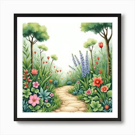 Lush Botanical Garden In Watercolor, With Diverse Plants And Flowers Art Print