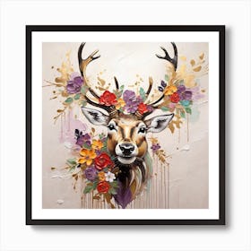 Deer Head With Flowers Art Print