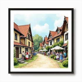 English Village With Romanian Cultural Events, Painted In Watercolor 1 Art Print