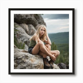 Beautiful Young Woman Sitting On A Rock Art Print