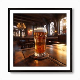 A glass of beer on a wooden table in a typical British pub. Photo realistic. Art Print