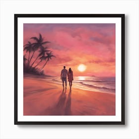 Couple Walking On The Beach At Sunset Art Print