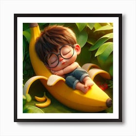 Cute Little Boy Sleeping On A Banana Art Print