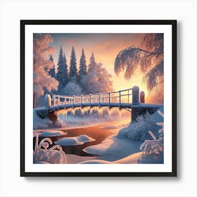 Snowy Bridge at Sunset Wall Art: A Serene Winter Landscape for Tranquil and Nature-Inspired Home Decor Print Art Art Print