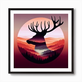 Title: "Twilight Sentinel: The Stag of Dusk"  Description: "Twilight Sentinel" features a striking stag silhouette set against a backdrop that captures the tranquil beauty of twilight over a forested landscape. The rich gradient of dusk colors from warm pinks to cool purples creates a captivating atmosphere, highlighting the majestic profile of the stag with its impressive antlers that frame a world of undulating hills and pines. This piece beautifully merges wildlife with the serenity of nature's daily spectacle, the sunset, suggesting a narrative of calmness and the sentinel-like presence of the stag as a guardian of the forest at nightfall. It's an ideal artwork for those who seek to bring the quiet allure of the wilderness into their space as the day gives way to the enchantment of the evening. Art Print