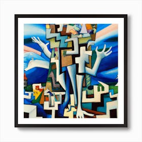 Cubist painting depicting: Person Rising Above of a Sea of Doubt, Fear and Chaos 1 Art Print