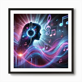 Music Vibes Silhouette Wall Art: A Dreamy and Abstract Scene of a Woman with Headphones Immersed in Soundwaves for Modern Home Decor Print Art Art Print