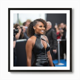 A Black Woman Voluptuous Sexy Wearing Black Latex Dress Curly Hair Big Smile on the Red Carpet - Created by Midjourney Art Print