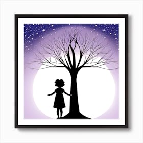 Silhouette Of A Girl Under A Tree Art Print