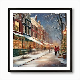 Amsterdam cafes, winter season, Christmas, pale colors, pedestrians in the street, winter clothes, falling snow.18 Art Print