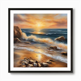 The sea. Beach waves. Beach sand and rocks. Sunset over the sea. Oil on canvas artwork.22 Art Print