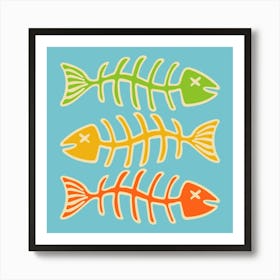 FISH BONES Pop Art Seafood in Vintage Retro Green Yellow Orange on Blue Kitchen Food Art Print