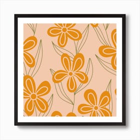 Orange Flowers with Leaves On A Pink Background Art Print