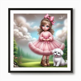 Little Girl In Pink Dress And White Dog Art Print