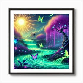 Stream With Bioluminescent Fish Butterflies Sun Spinning Wind Tree 8 Art Print