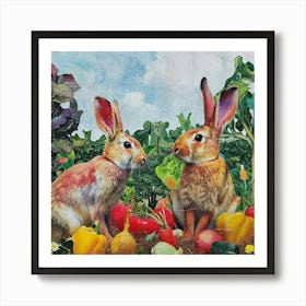 Kitsch Rabbits Surrounded By Vegetables Art Print