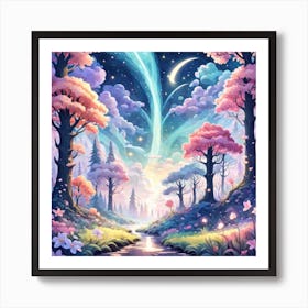 A Fantasy Forest With Twinkling Stars In Pastel Tone Square Composition 318 Art Print