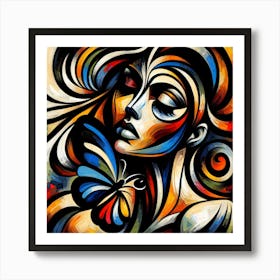 Vibrant & Elegant Female Portrait Abstract with Butterfly Art Print