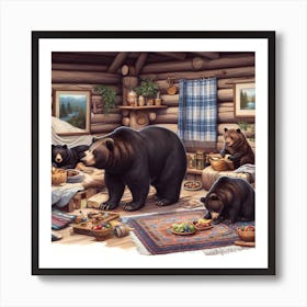 Bear Family in Cabin Art Print