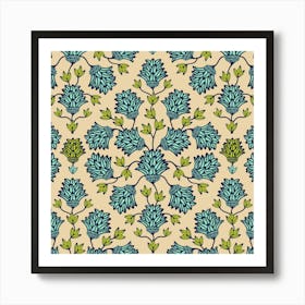 THISTLEDOWN Modern Floral Botanical Damask in Mint Green Midnight Blue on Sand Art Print