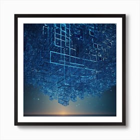 Geometric Blue Cubes Form A Grid Like Network Suspended In Mid Air, Representing The Complexity Of Digital Systems Through Futuristic 3d Visualization 3 Art Print