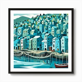 Fishing Village On Hill Cubism Style Art Print