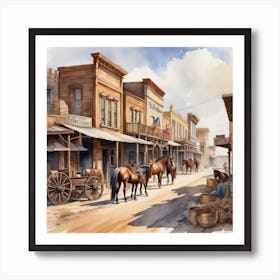 Western Town In Texas With Horses No People Watercolor Trending On Artstation Sharp Focus Studi (2) Art Print