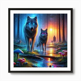 Mystical Forest Wolves Seeking Mushrooms and Crystals 10 Art Print