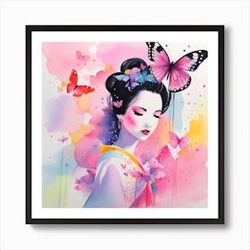 Geisha With Butterflies Art Print