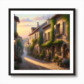 Village At Sunrise Vintage AI Poster