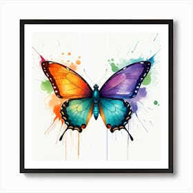 A Colorful Butterfly With Orange, Purple, And Teal Wings Surrounded By Watercolor Splashes Art Print