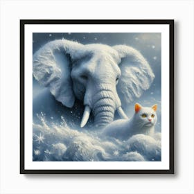 White Elephant And White Cat Art Print