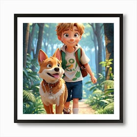 a smiling boy, holding his faithful friend, Bolt, the dog, as they walk through the forest together. Art Print