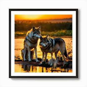 Sunset With Wolves Art Print