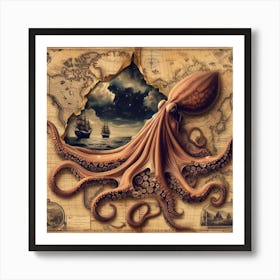 Octopus On A Map 3 Art Print