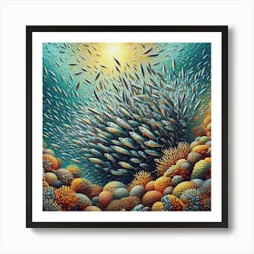 Sardines Gathering Around A Coral Reef In A Vibrant Mosaic, Style Digital Mosaic 1 Art Print