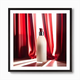 Bottle Of Lotion In Front Of Red Curtains Art Print