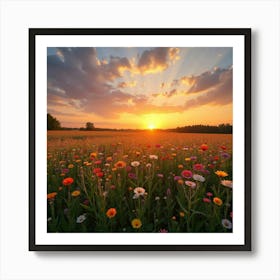 A Picturesque View Of A Field Of Colorful Wildflowers Under A Sunset Sky 4 Art Print