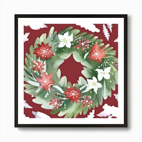 Christmas Wreath Wall Art Burgundy Background Botanical Style #1 Art Print