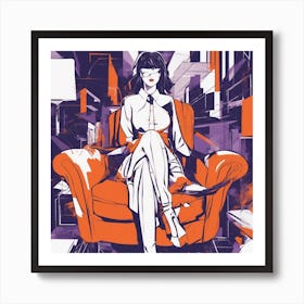 Drew Illustration Of Girl On Chair In Bright Colors, Vector Ilustracije, In The Style Of Dark Navy A Art Print