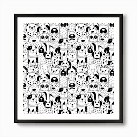 Seamless Pattern With Black White Doodle Dogs Art Print