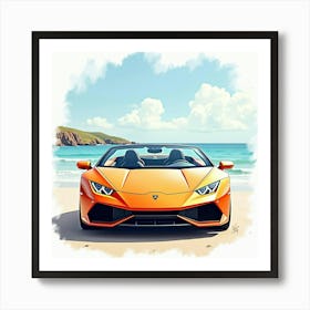 Lamborghini Huracán Spyder With A Watercolor Seascape Background 1 1 Art Print