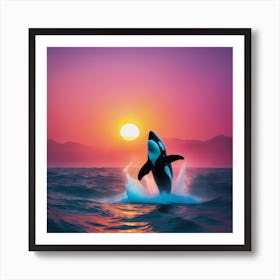 Orca Whale Jumping At Sunset Art Print