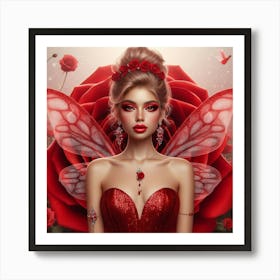 Fairy Girl With Red Roses Art Print